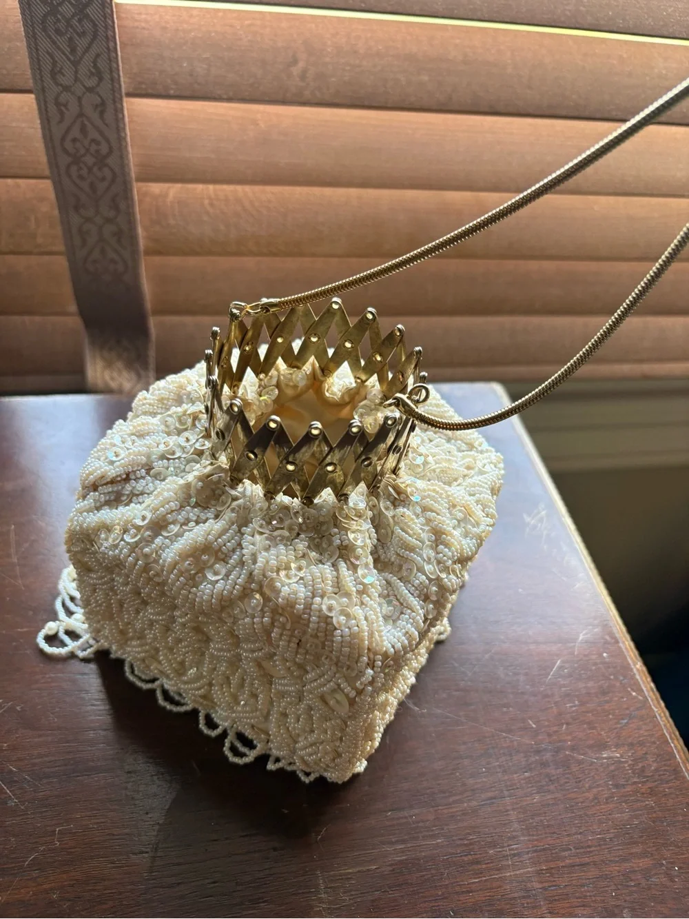 Handmade Ivory Beaded Decorative Purse with Gold Crown Accent